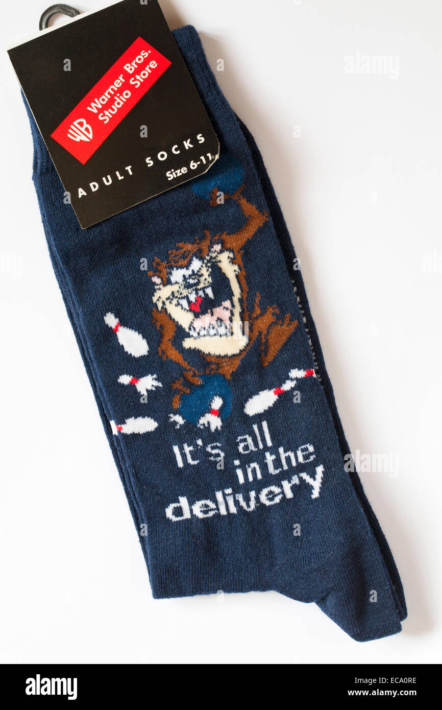 Tasmanian Devil 10 pin bowling It's all in the delivery pair of novelty adult socks set on white background Stock Photo