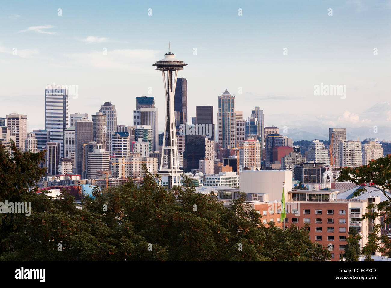 Skyline of Downtown Seattle with the Space Needle and Mt Rainier, Seattle, Washington, United States Stock Photo