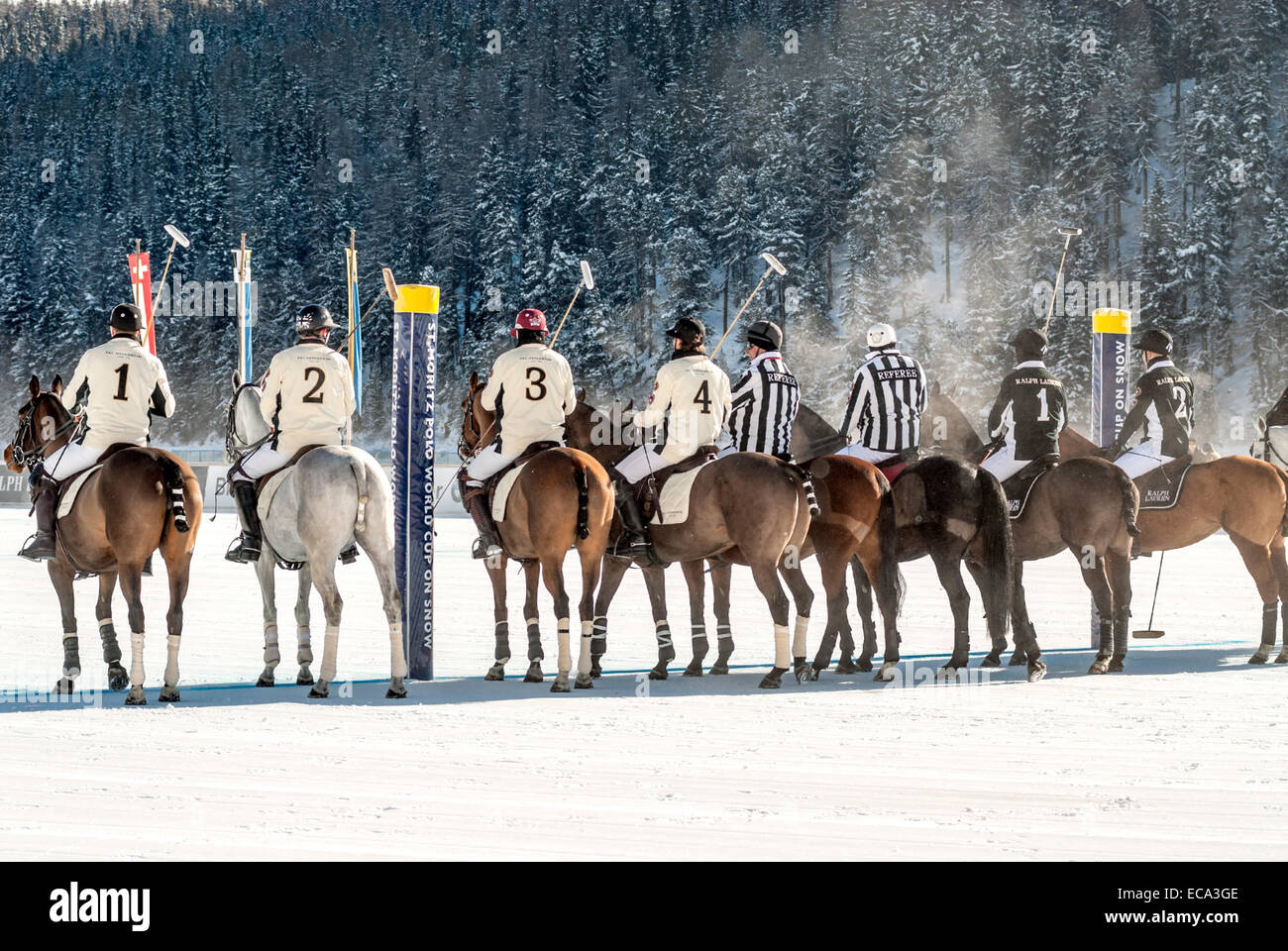 Polo Player line up during the Snow Polo World Cup 2013 Match, St.Moritz, Switzerland Stock Photo