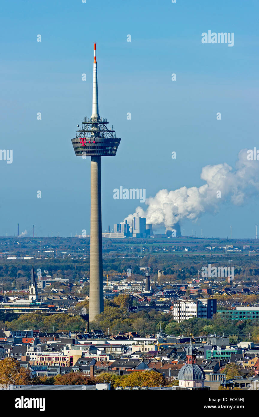 Telecommunications tower Colonius, behind RWE coal-fired power plant Niederaußem, Bergheim, Cologne, North Rhine-Westphalia Stock Photo
