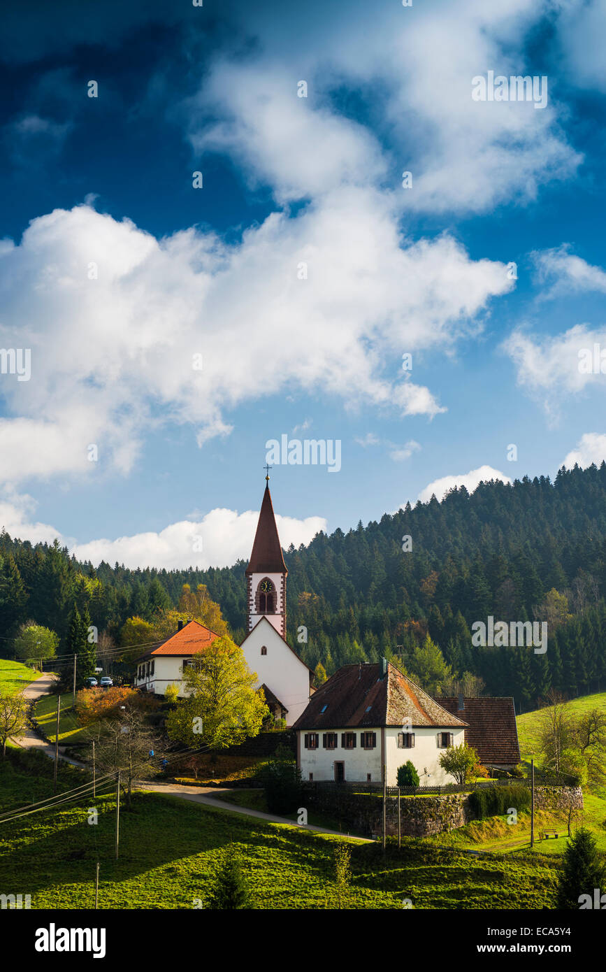 View of the village with church, St. Roman, near Wolfach, Ortenau, Black Forest, Baden-Württemberg, Germany Stock Photo