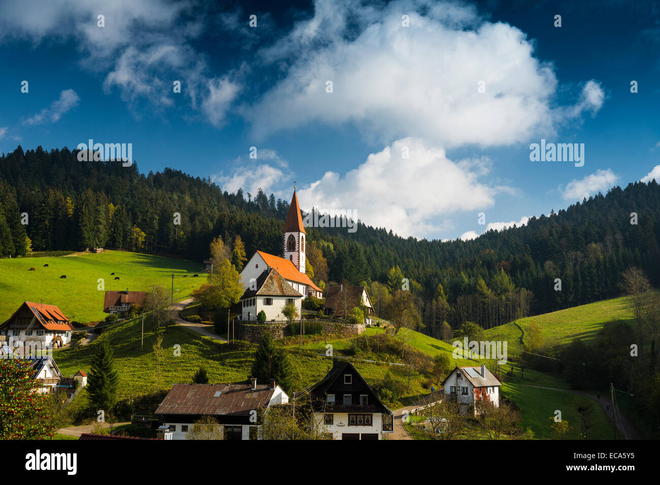 View of the village, St. Roman, near Wolfach, Ortenau, Black Forest, Baden-Württemberg, Germany Stock Photo