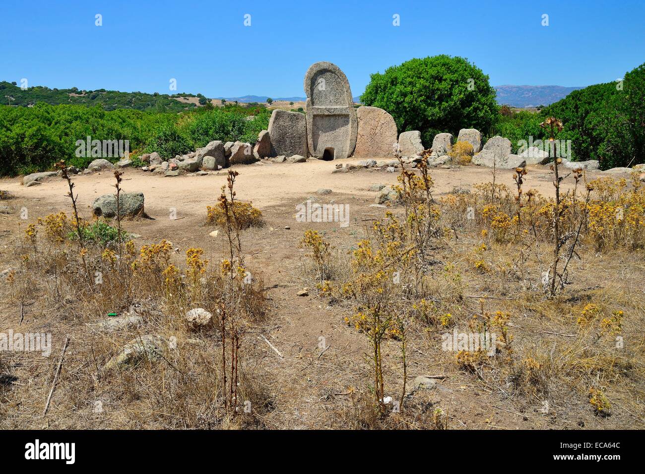 Front with portal rock, Giants' grave S’Ena ’e Thomes, bronze age, Bonnanaro culture, in Dorgali, Province of Nuoro Stock Photo