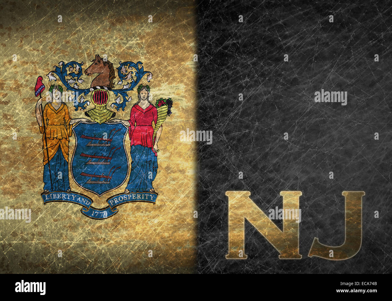 Old rusty metal sign with a flag and state abbreviation - New Jersey Stock Photo