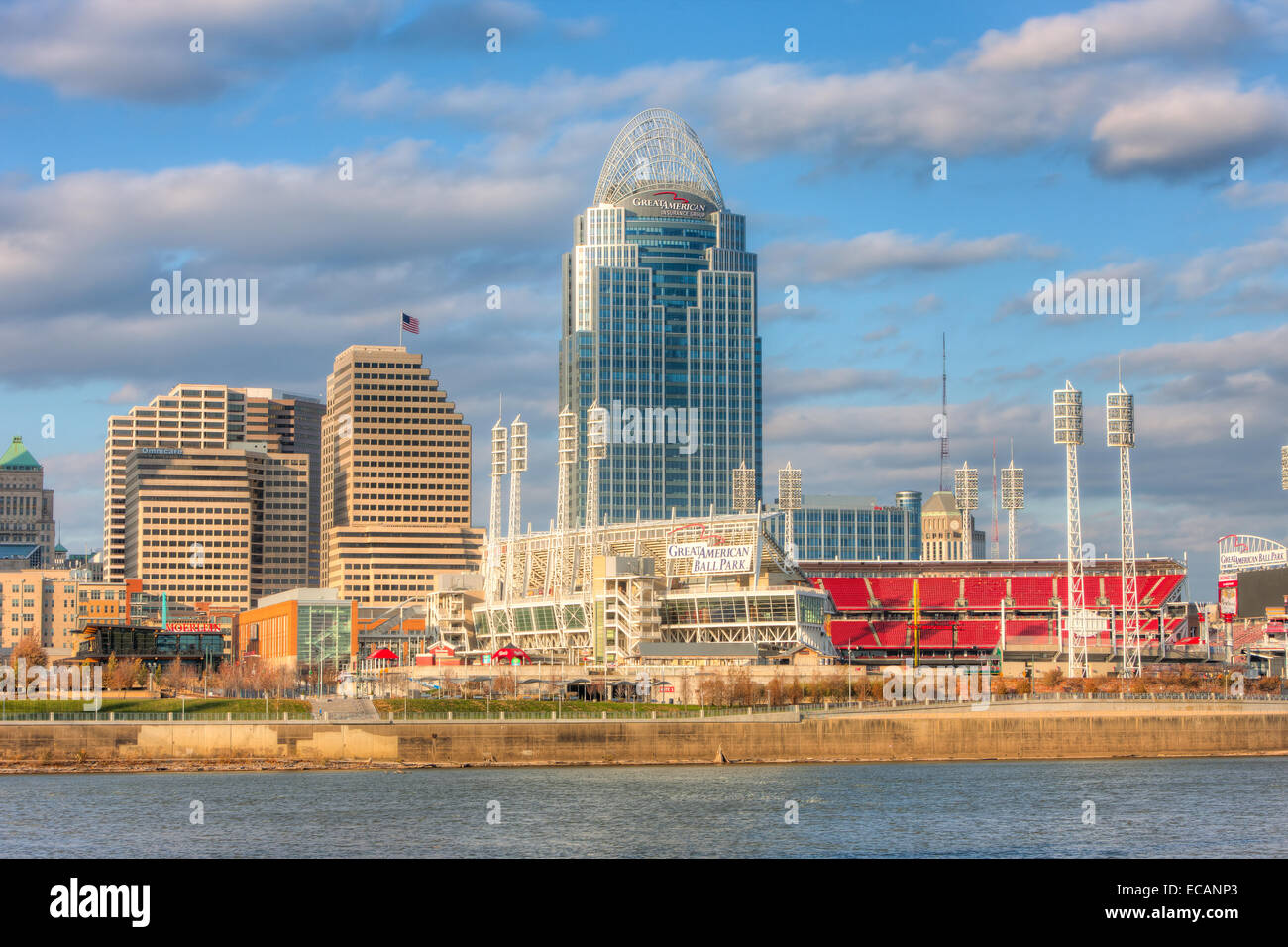 The skyline of Cincinnati, Ohio including the Great American tower and Ball Park. Stock Photo
