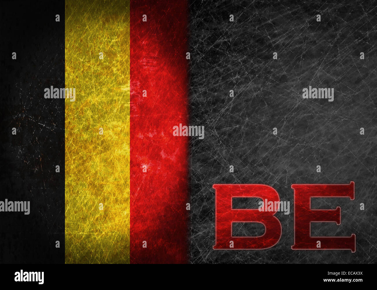 Old rusty metal sign with a flag and country abbreviation - Belgium Stock Photo