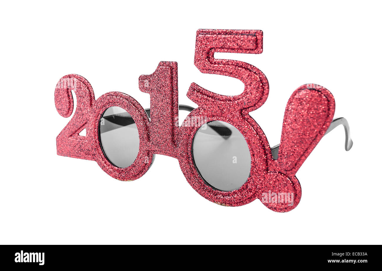 Happy New 2015 year in red tones. Christmas figures in the form of glasses. Stock Photo