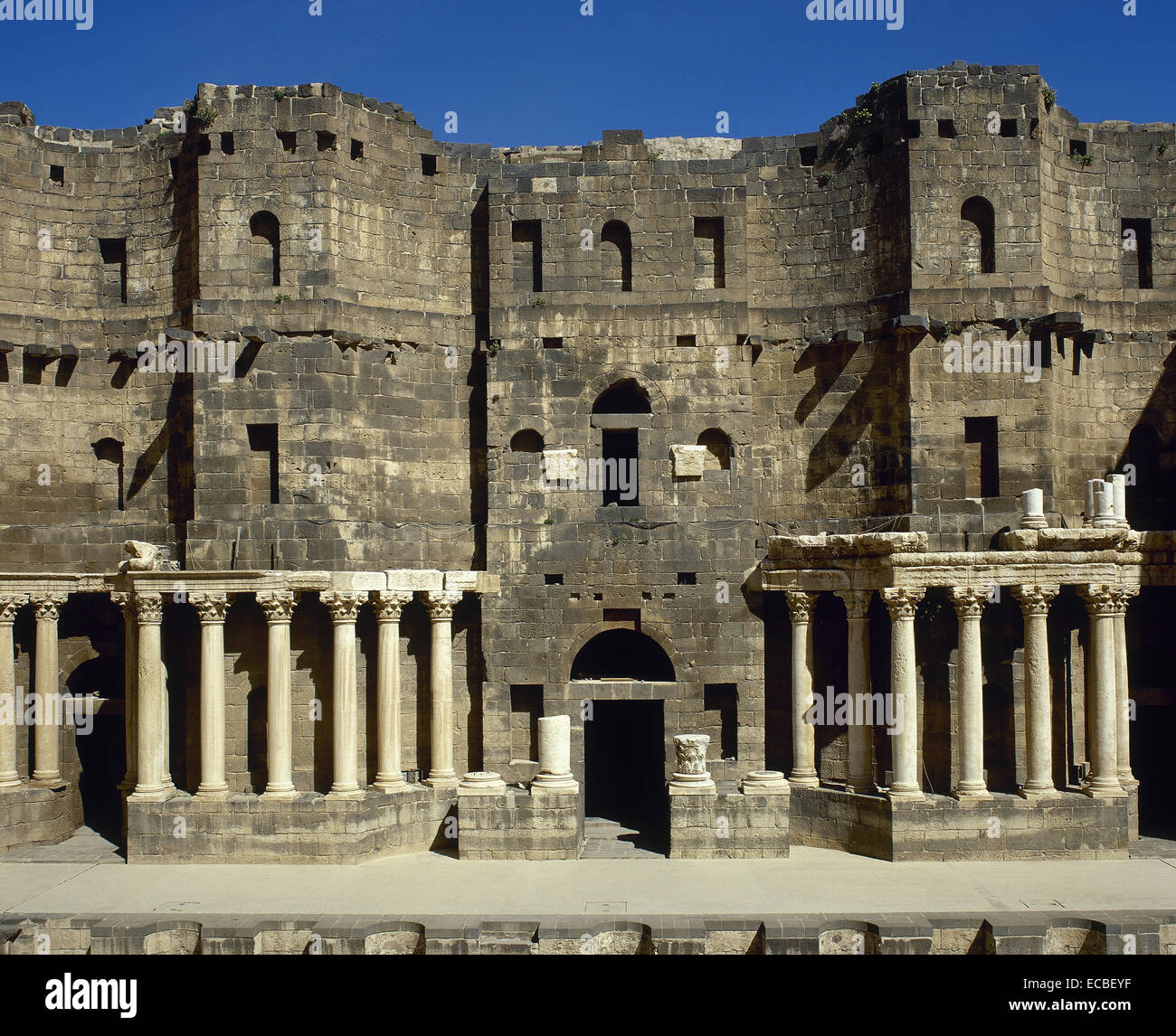 Syria. Bosra. Roman Theatre. Scaenae frons, porticus post scaenam and pulpitum. Detail. Stock Photo