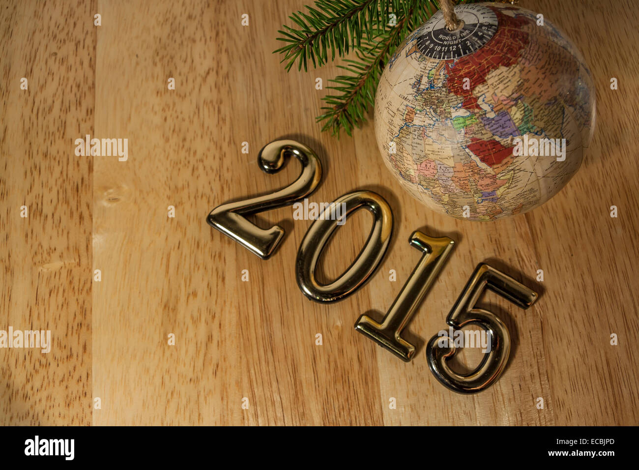 2015 New year text and Christmas Bauble Stock Photo