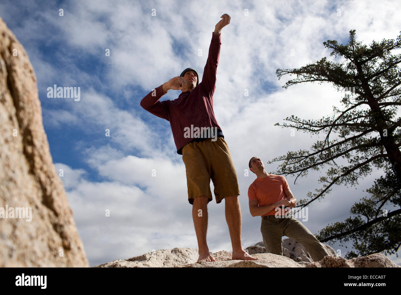 Two men route read while bouldering at Horse Flats Stock Photo Alamy