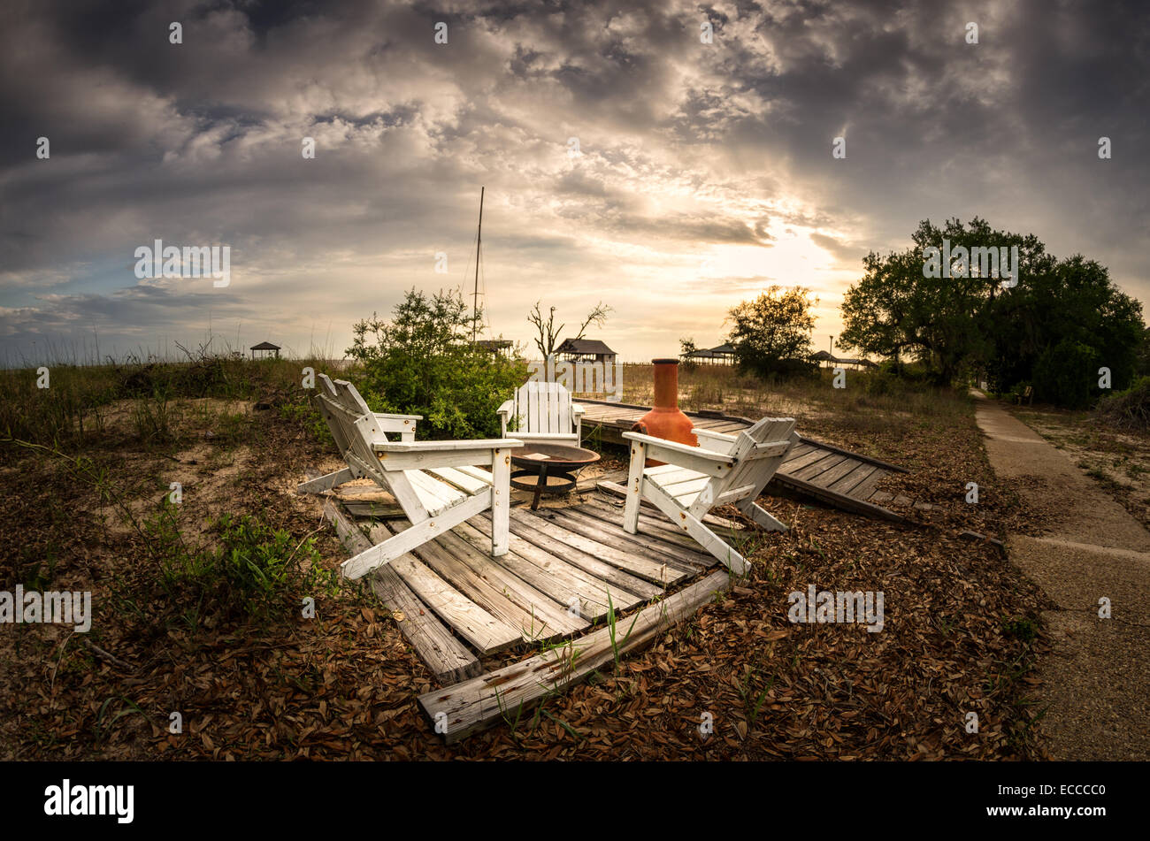 Fire Pit and Chairs on a beach in the Gulf Coast of Alabama USA Stock