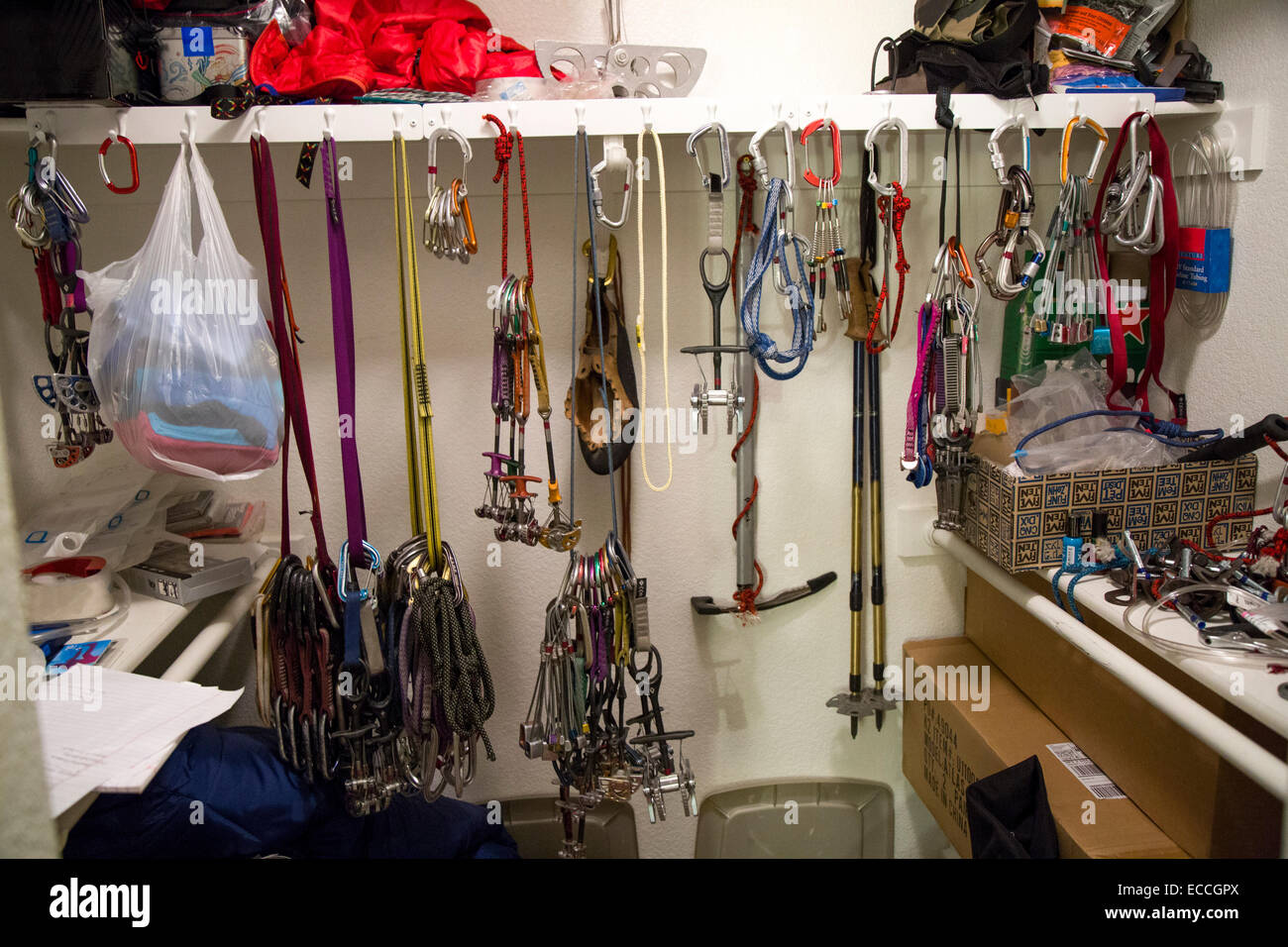 Climbing gear hangs in a closet Stock Photo Alamy