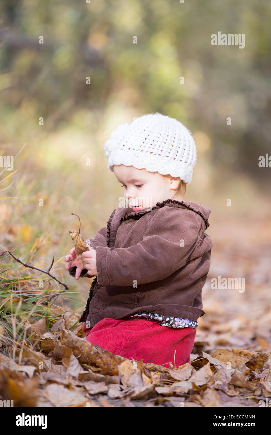 A one year old girl plays with a leaf during a fall time photo session in Kalispell, Montana. Stock Photo