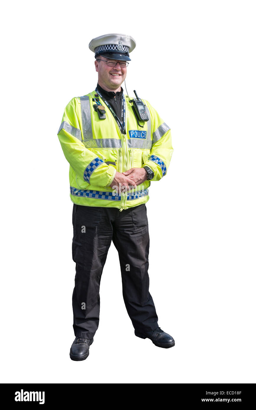 A cut out of a happy, smiling British traffic police officer in uniform from the Wiltshire constabulary Stock Photo