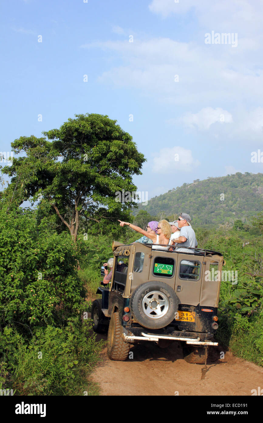 Tourists Enjoying A Jeep Safari into Hurulu Eco-Park, an International Biosphere Reserve, Sri Lanka Stock Photo