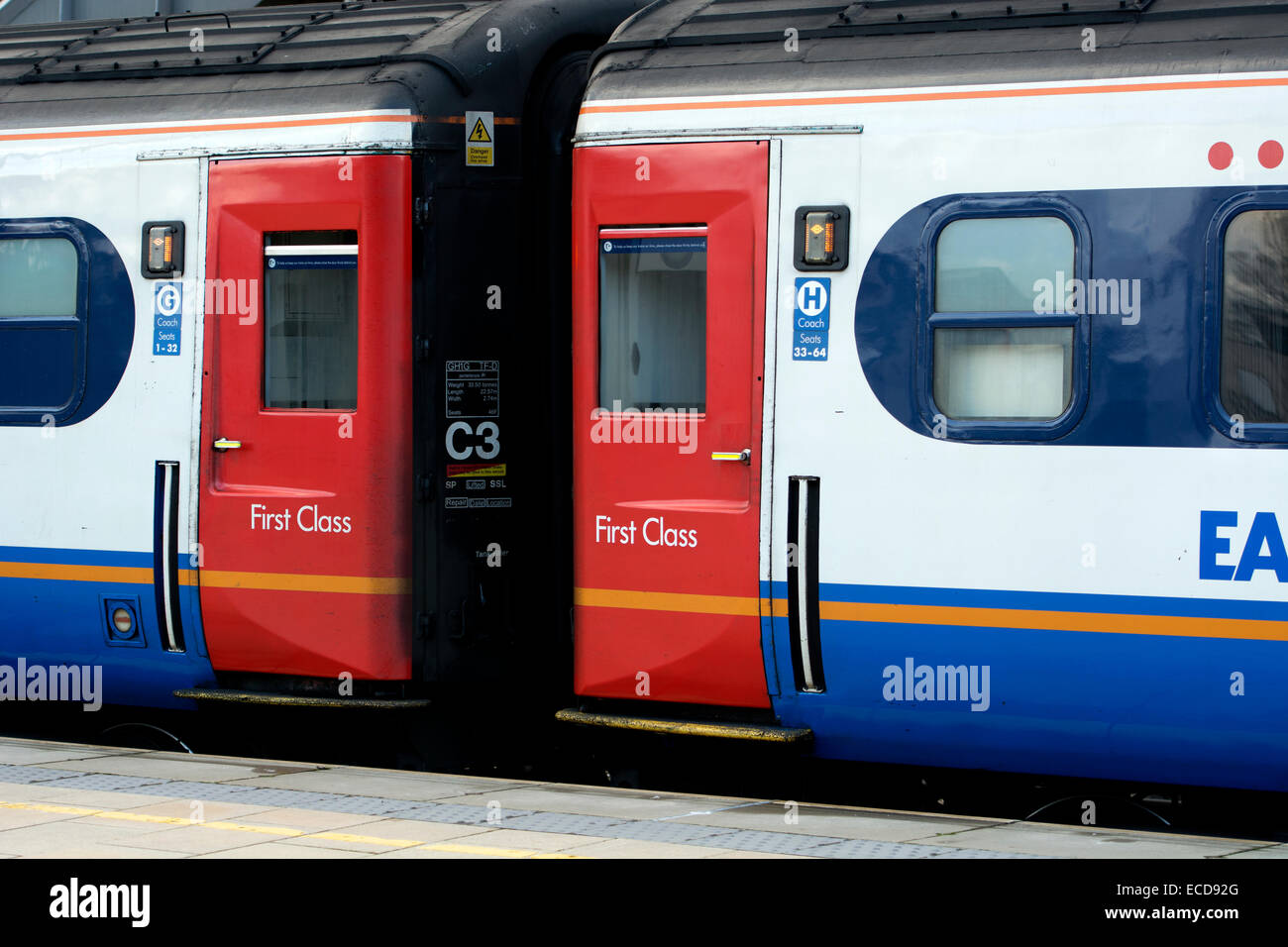 First Class carriages on East Midlands Trains HST train, Leicester station, UK Stock Photo
