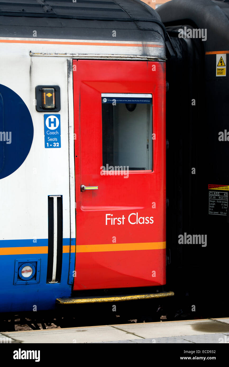 First Class carriage on East Midlands Trains HST train, Leicester station, UK Stock Photo