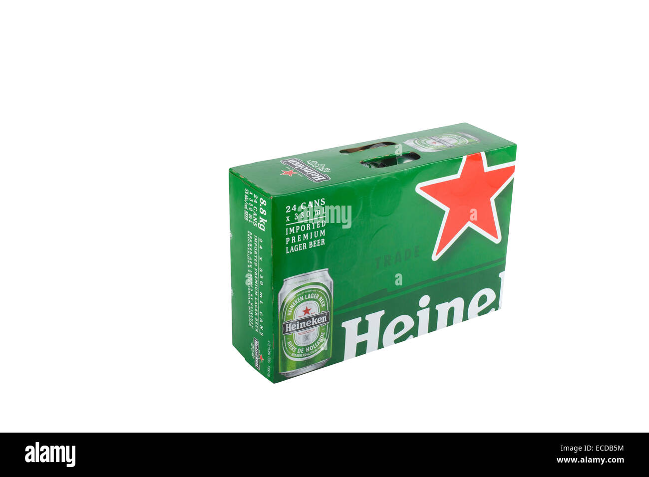 A pack of 24 330ml cans of Heineken beer is pictured over a pure white background. Stock Photo