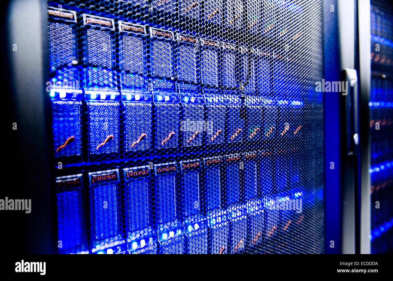 Banks of rack mounted computer servers at Rutherford Appleton Laboratories, Harwell, Oxfordshire, UK Stock Photo