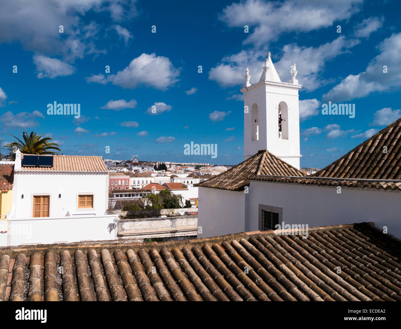 Bell Tower of Igreja da Misericordia and view over rooftops, Tavira, Algarve, Portugal, February 2014 Stock Photo