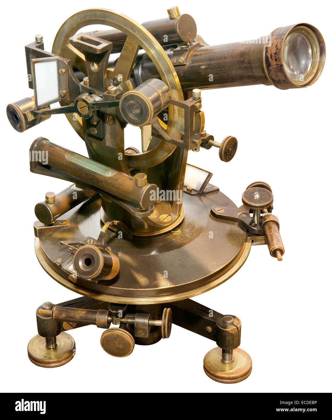Old Brass Theodolite Isolated with Clipping Path Stock Photo