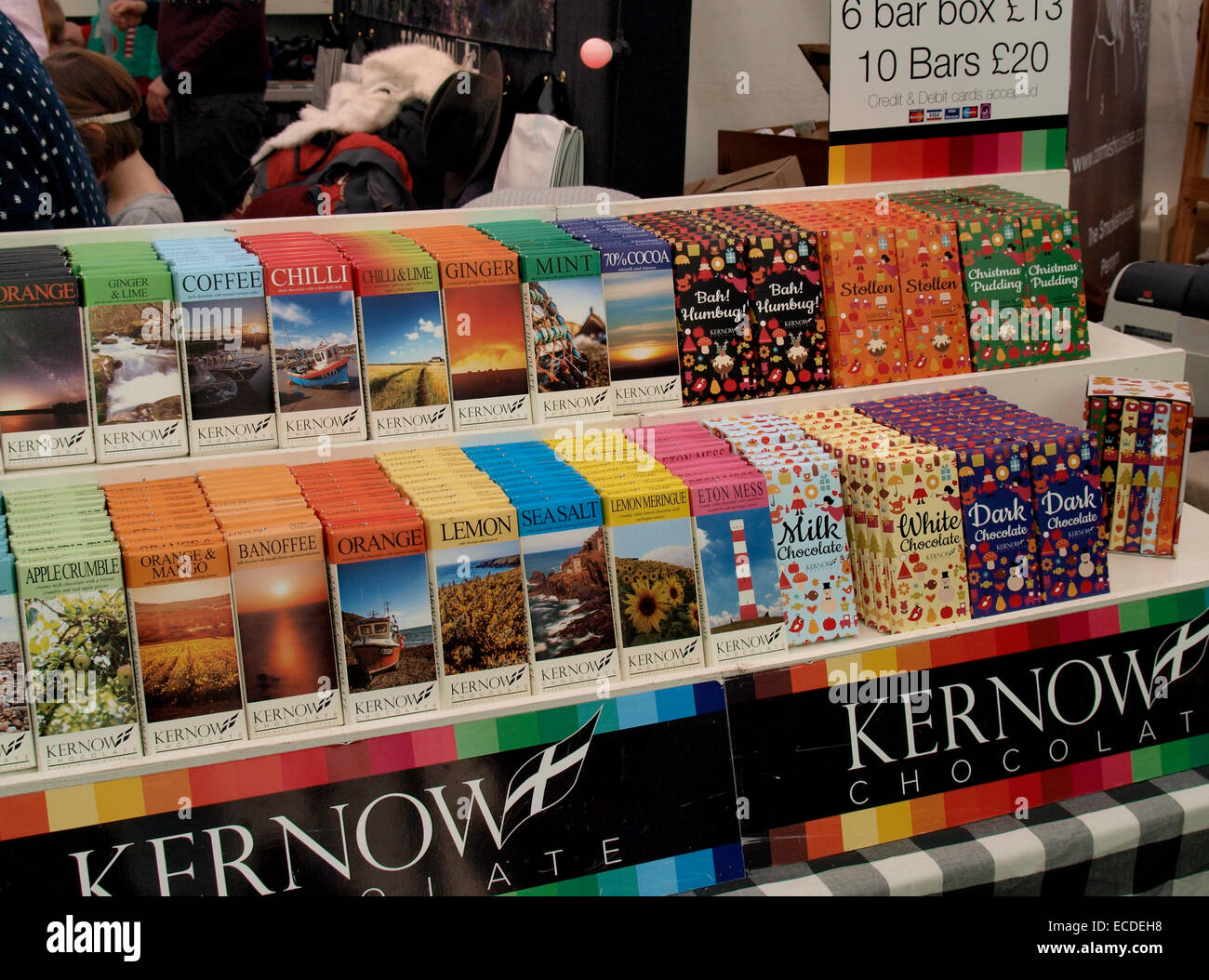Unusual range of flavoured bars of chocolate from Kernow Chocolate on display at the Padstow