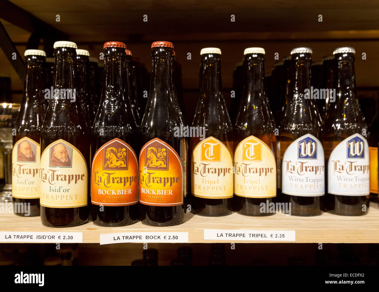 Belgian trappist monk beers on a shelf in a shop, Bruges, Belgium Stock
