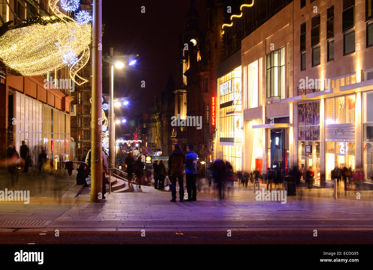 Buchanan Street at night in Glasgow, Scotland Stock Photo