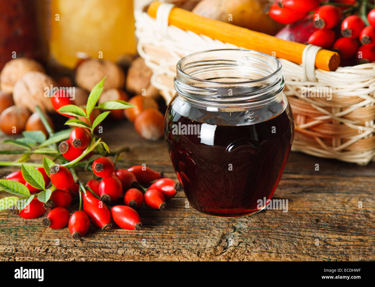 The thick syrup made from rose hips Stock Photo