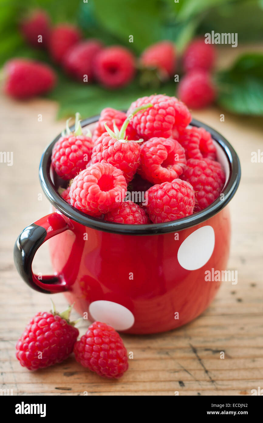 Raspberries in small mug. Thin depth of field Stock Photo