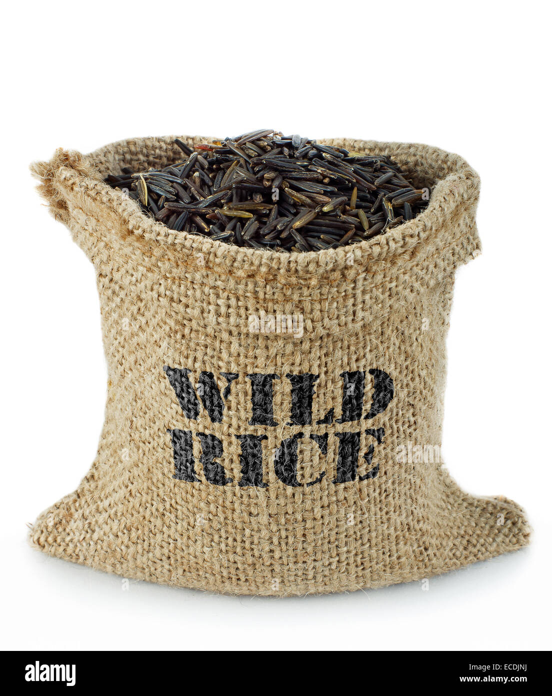 Wild rice in small burlap sack Stock Photo