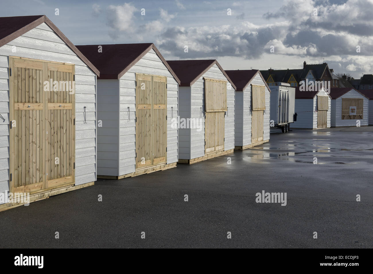 Pier shop huts closed for the winter at Herne Bay, Kent, England, UK. Stock Photo