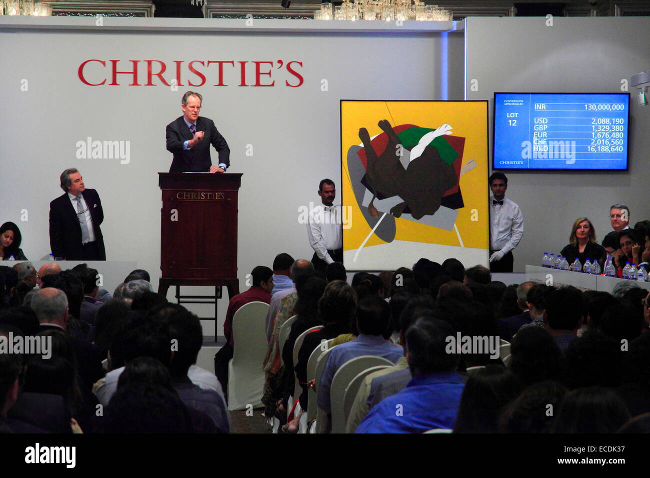 Mumbai, India. 11th Dec, 2014. Best-seller Tyeb Mehta's 1999 acrylic on canvas titled 'Falling Bull' which sold for 175.4 million rupees or 2.8 million dollars to an internet buyer in New York. Second edition of Indian art auction held by the Christie's in Mumbai. Credit:  Subhash Sharma/ZUMA Wire/ZUMAPRESS.com/Alamy Live News Stock Photo