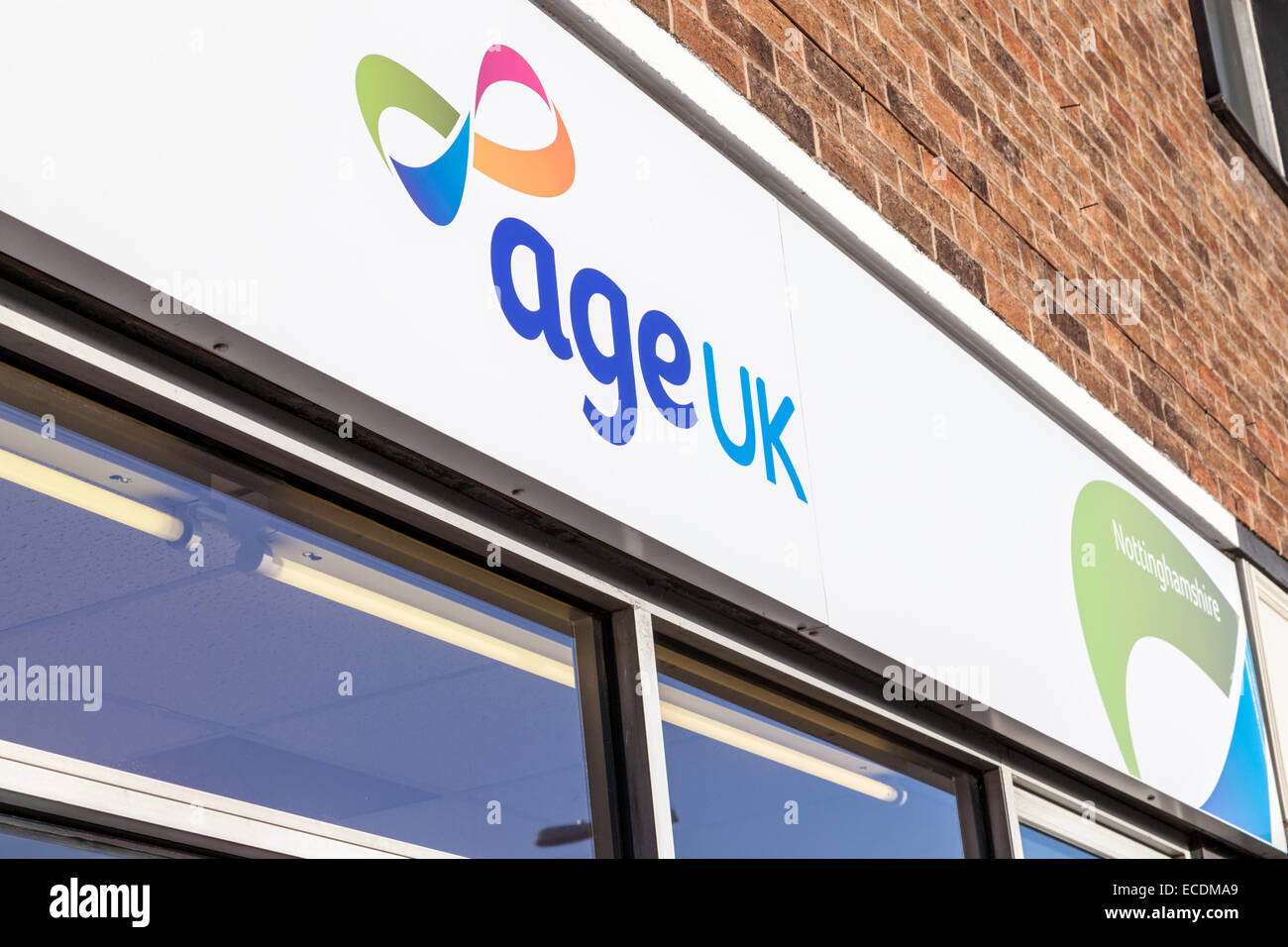 Age UK charity shop sign, Nottinghamshire, England, UK Stock Photo
