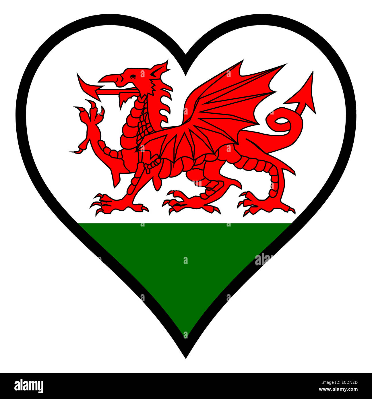 Welsh Dragon Flag within a heart all over a white background Stock Photo