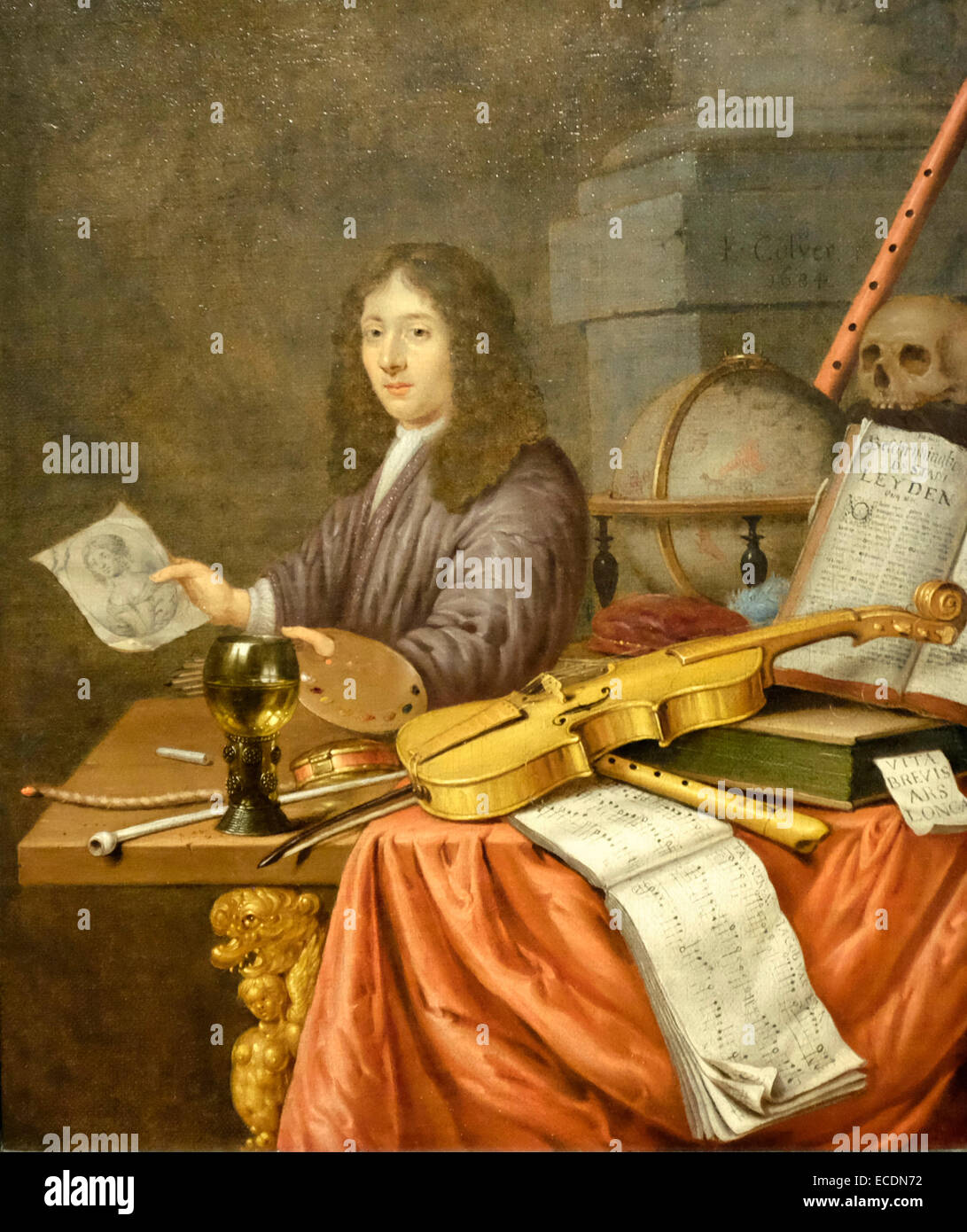Self Portrait with a Vanitas Still Life 1684 Edwaert Colyer Stock Photo