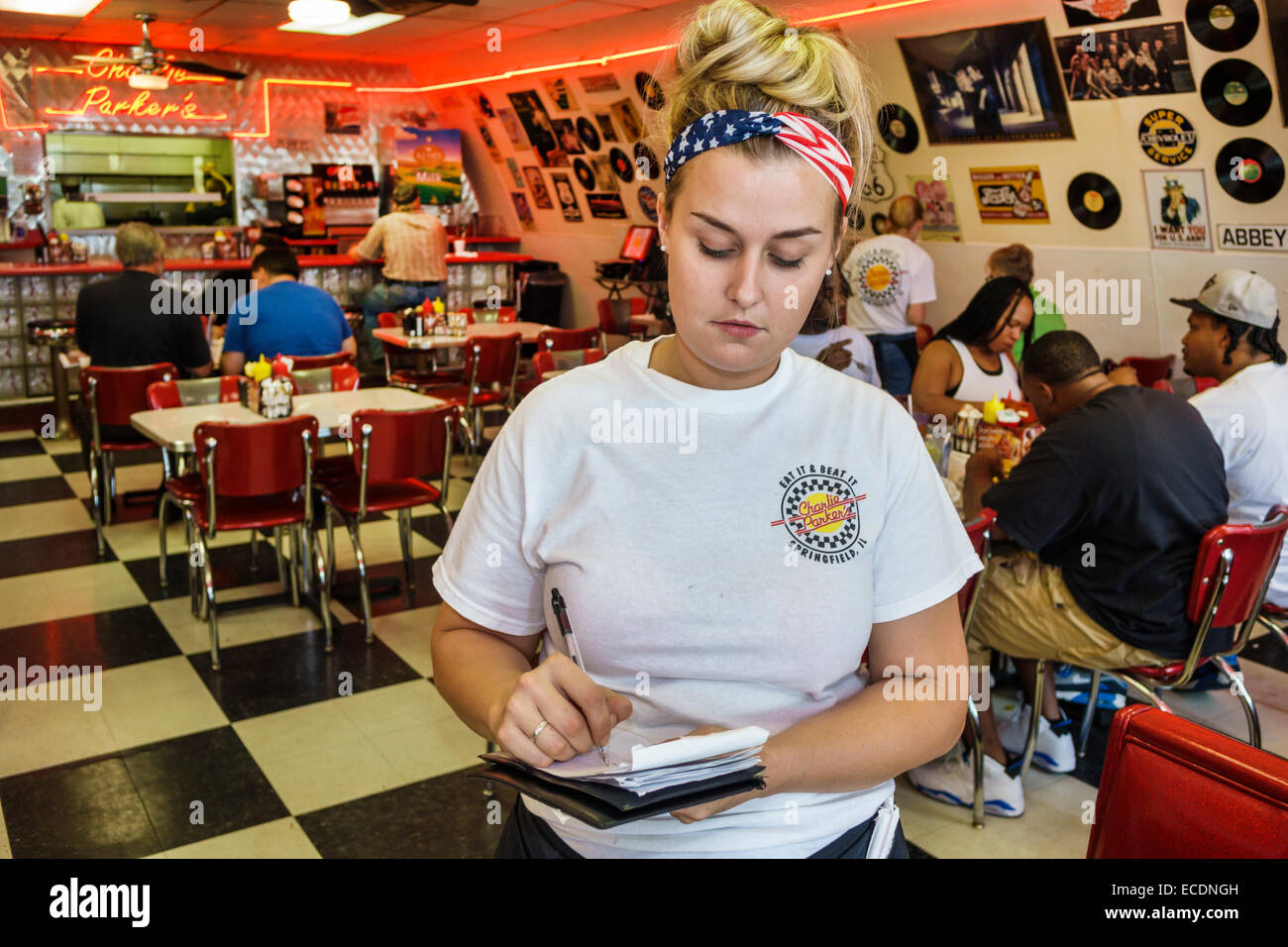 Springfield Illinois,historic highway Route 66,Charlie Parker's Diner,restaurant restaurants food dining eating out cafe cafes bistro,inside interior, Stock Photo