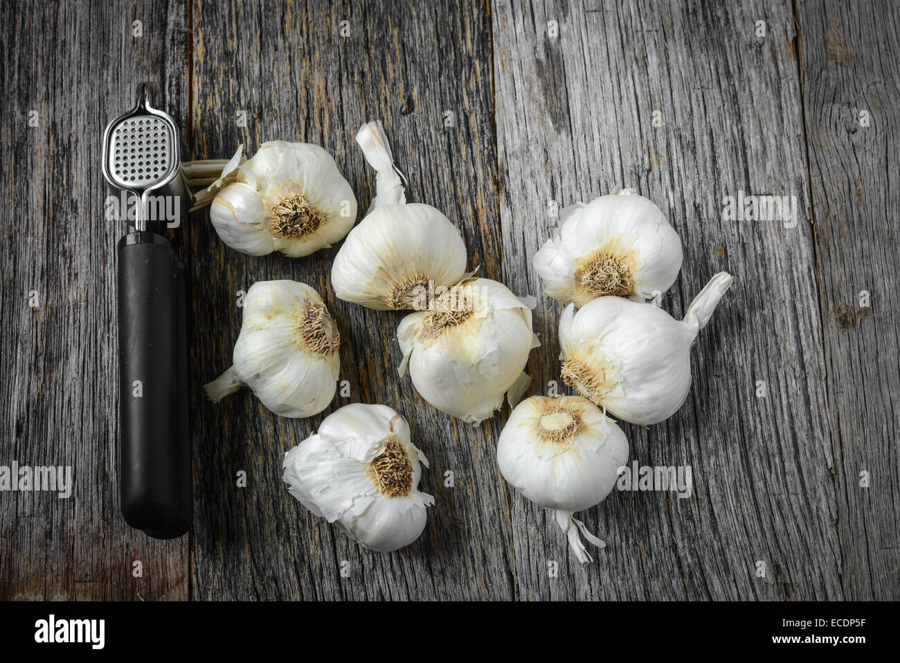 Garlic Bulbs with Garlic Press on Rustic Wood Background Stock Photo ...