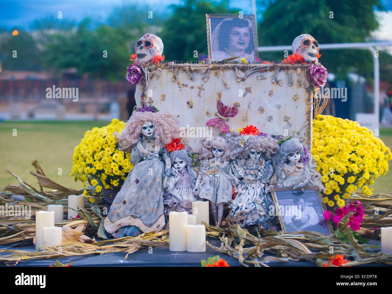 Traditional Mexican altar installation at the Dia De Los Muertos Experience in Coachella , California Stock Photo