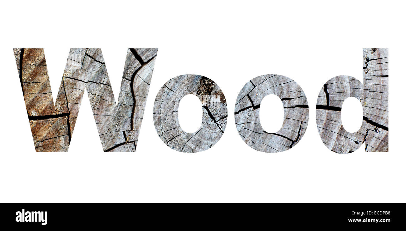 word wood made from tree bark picture on white background Stock Photo