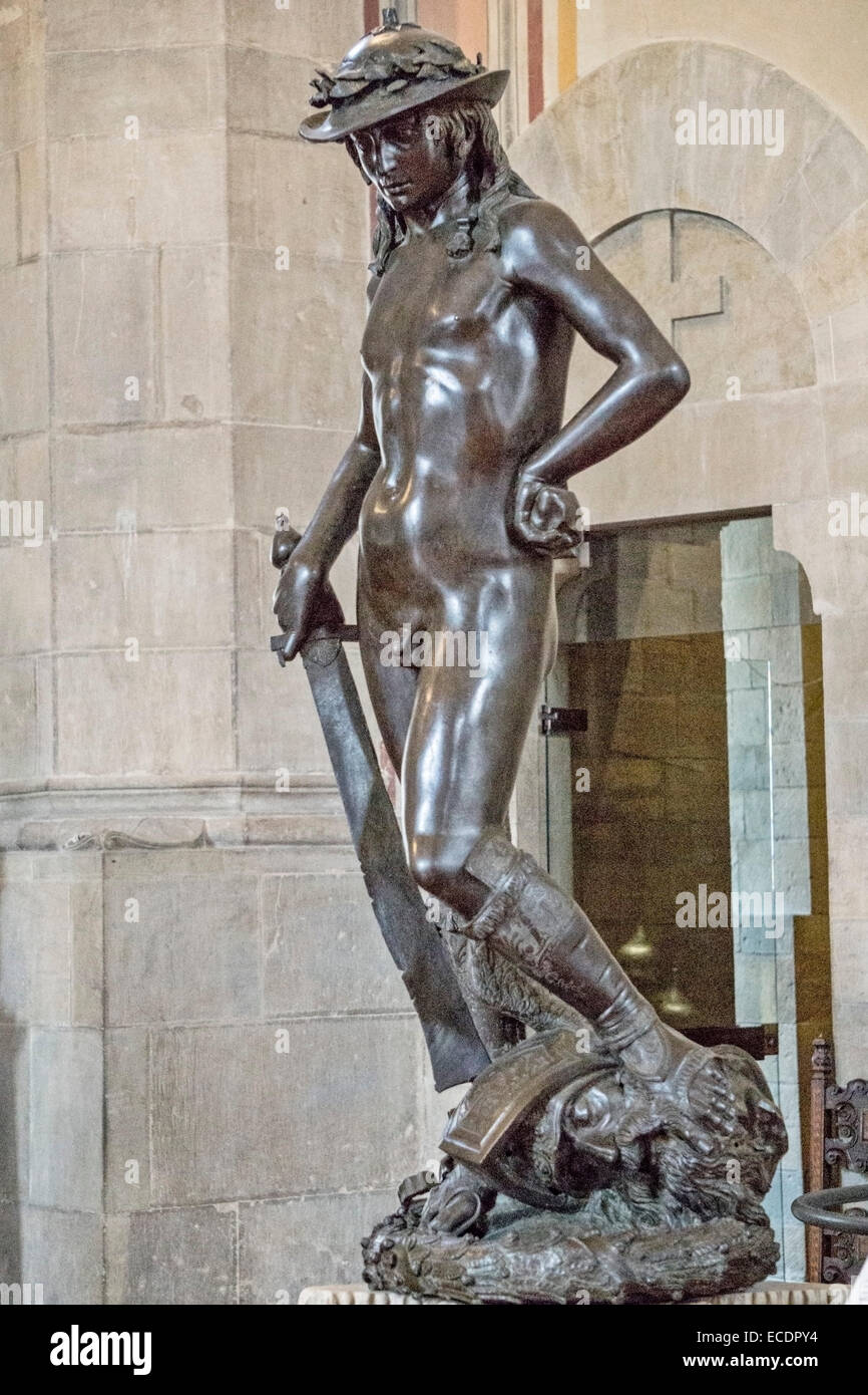 15th century bronze David by Donatello, a lithe graceful youth wearing a hat crowned with laurel wreath Bargello museum Florence Stock Photo