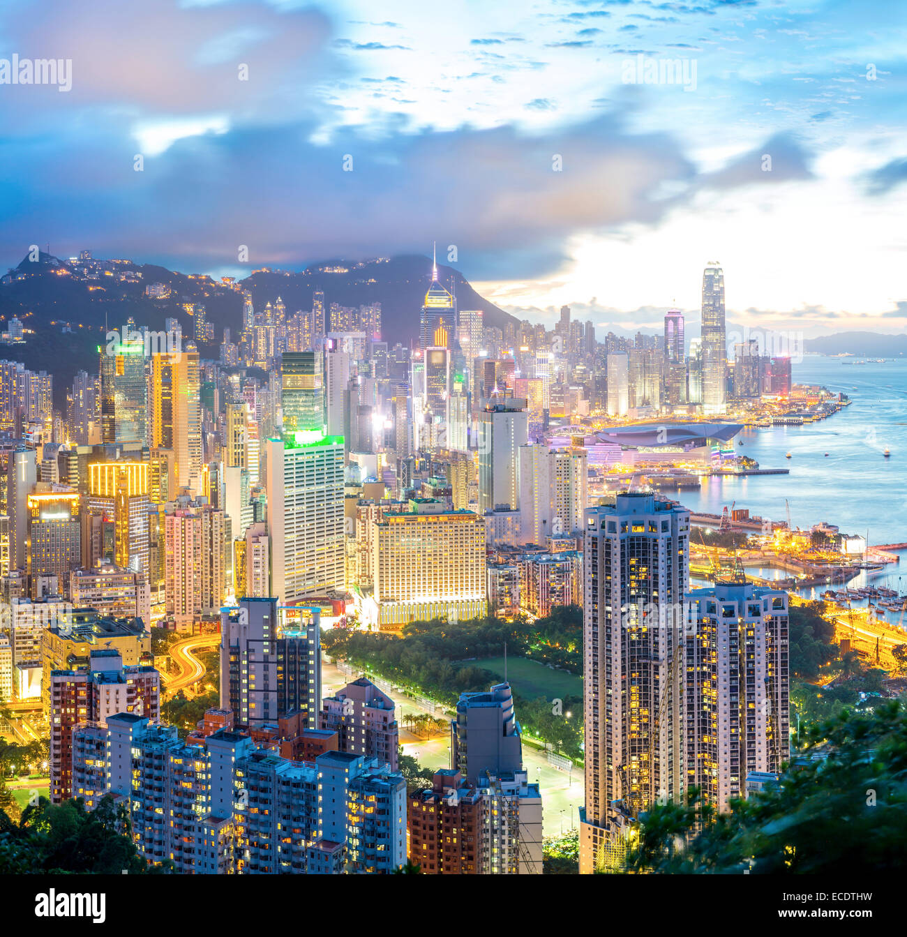 Panorama Hong Kong city Skyline from braemar hill at dusk Stock Photo ...