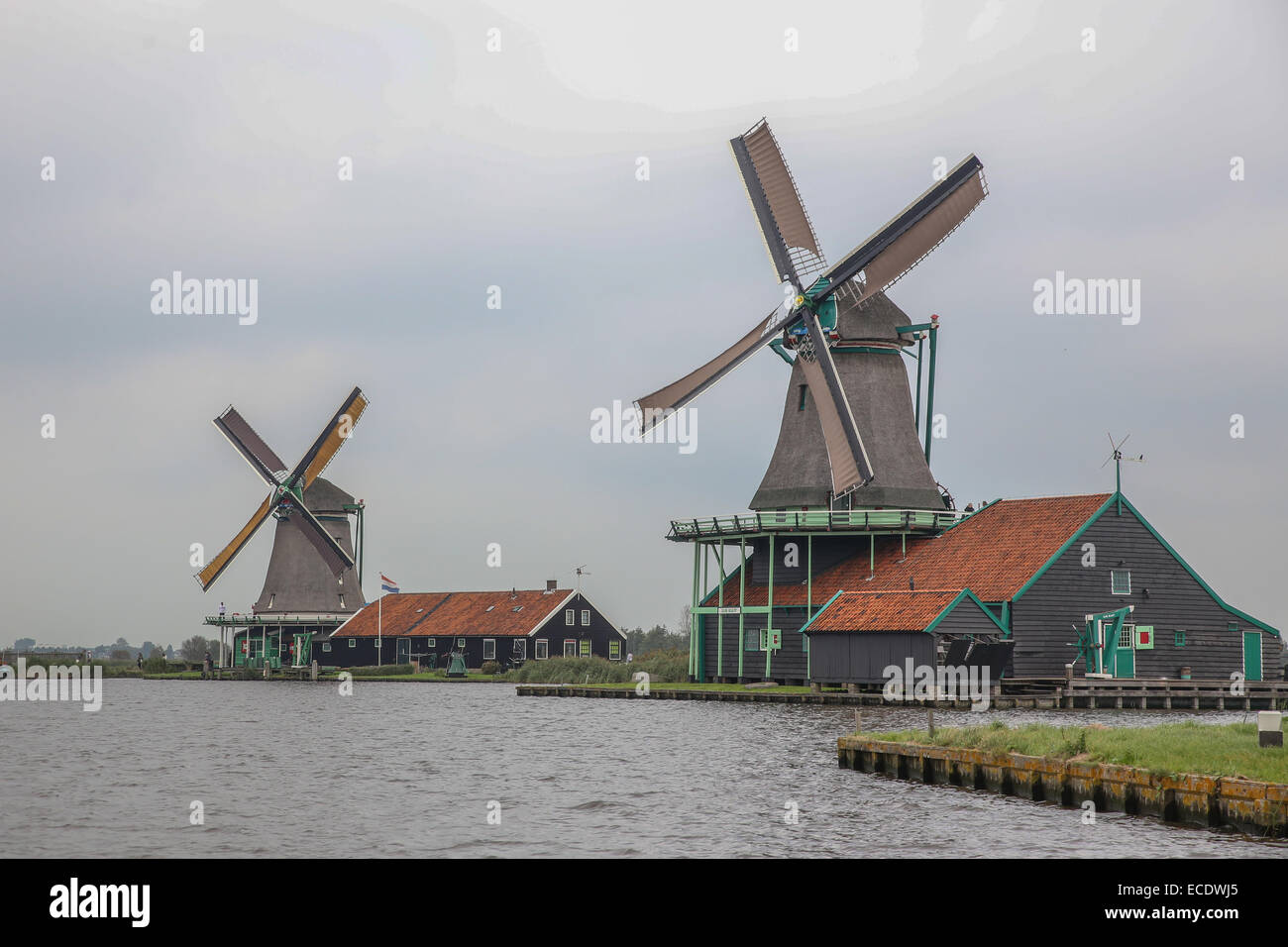 cloudy overcast day Holland Netherlands windmills Stock Photo