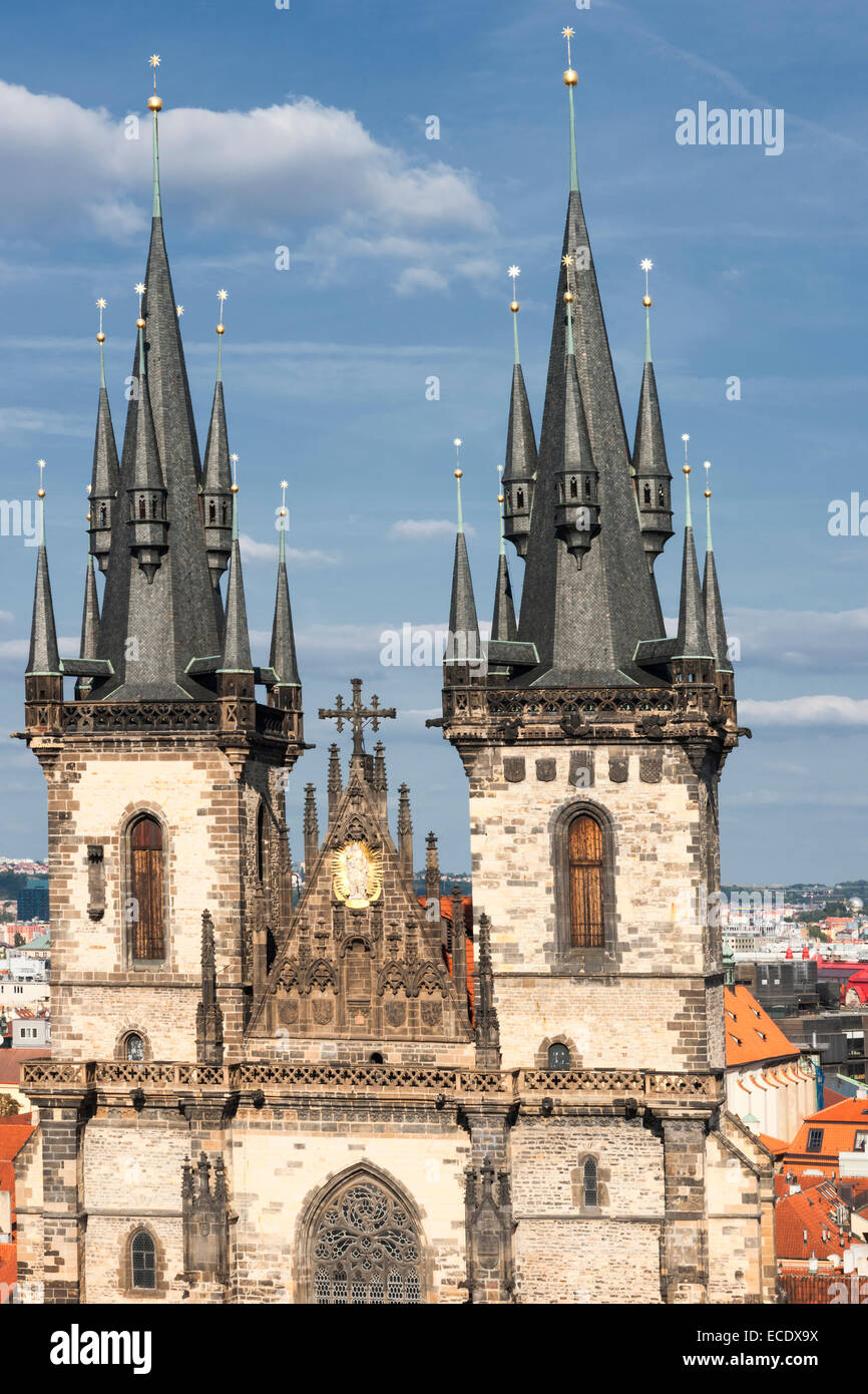 Landmark twin Gothic steeples of the Church of Our Lady before Tyn, Old Town, Prague, Czech Stock Photo