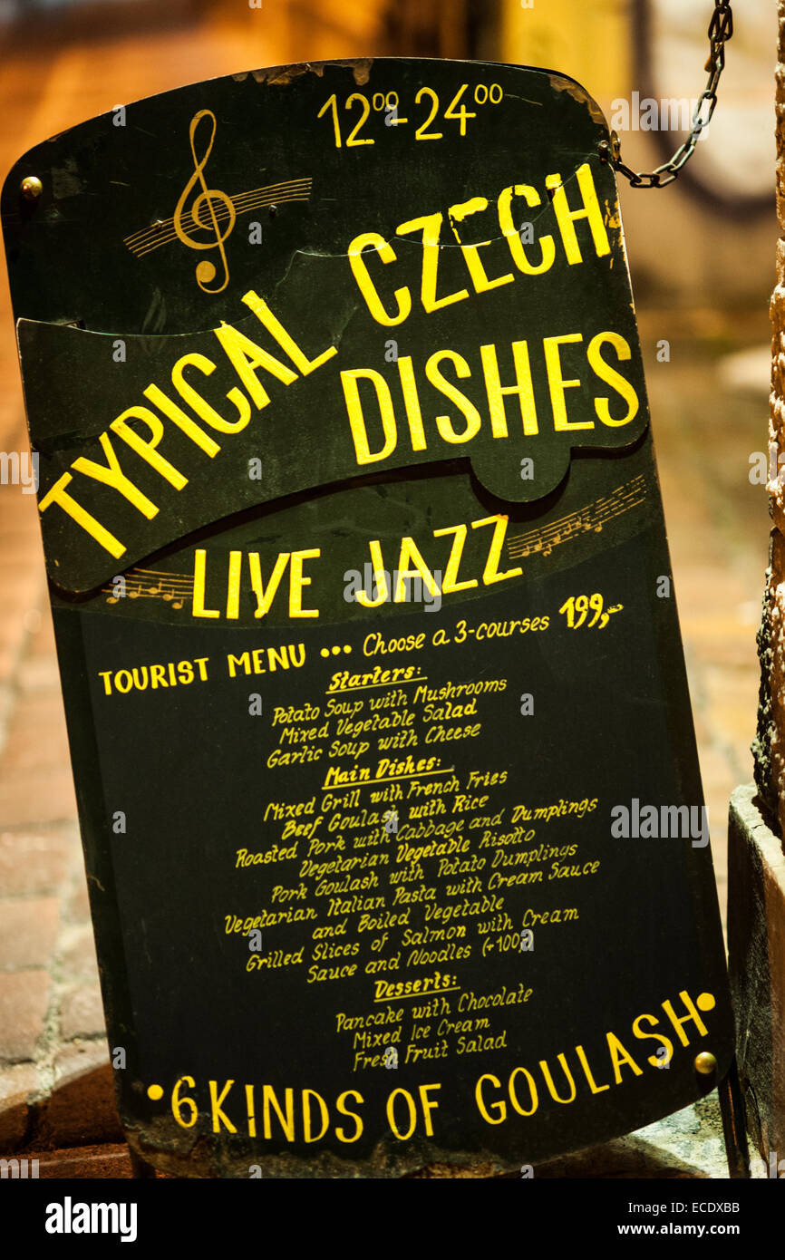 Menu of typical Czech dishes outside a restaurant, Prague, Czech Stock Photo