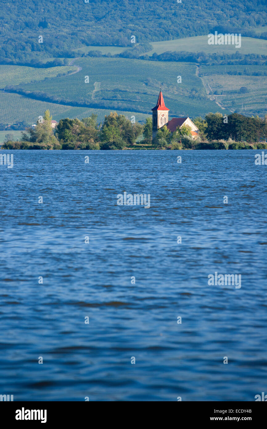 Musov island church from 13th c is only structure that remains from flooded village when lake was dammed in 1980, Mikulov, Czech Stock Photo