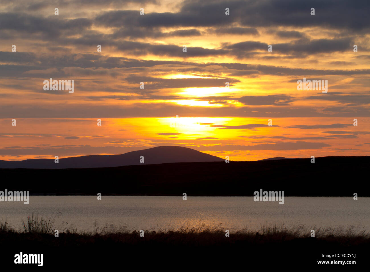 View of a mountain lake at sunset. Glaslyn, near Plynlimon in the Cambrian Mountains. Powys, Wales. July. Stock Photo