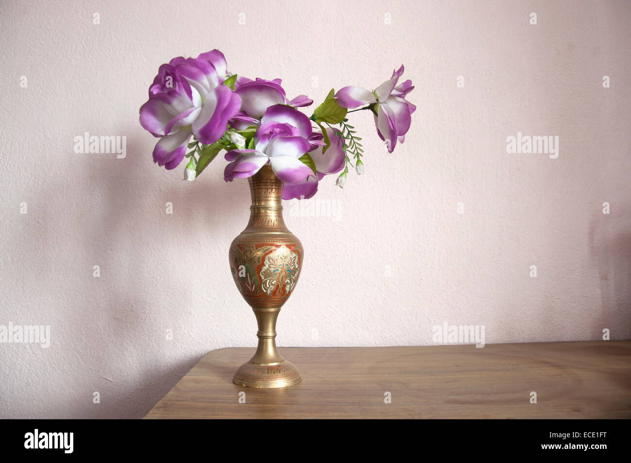 Still Life Decorative Brass Vase Plastic Flowers Stock Photo