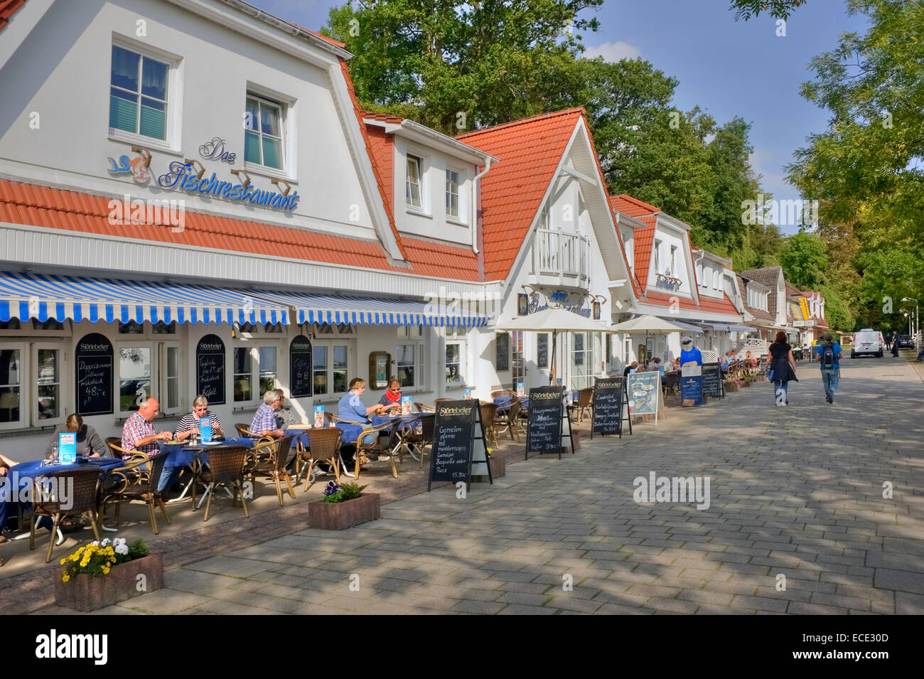 Restaurants, port, Sassnitz, Rügen, Mecklenburg-Western Pomerania, Germany Stock Photo
