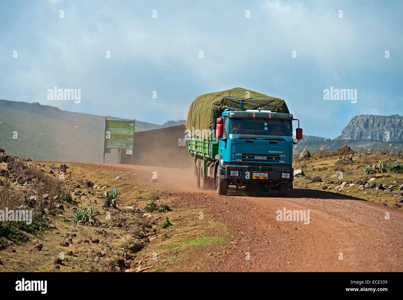Truck passing the Angesso checkpoint, Bale National Park, Sanetti Plateau, Bale Mountains, Oromiya, Ethiopia Stock Photo